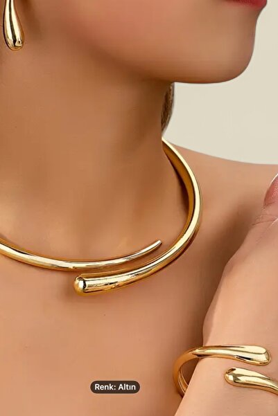 Sevilgülgünfinecrafts Modern Ring Necklace Set - Gold Plated Minimalist Torc Necklace, Bracelet and Earring Set