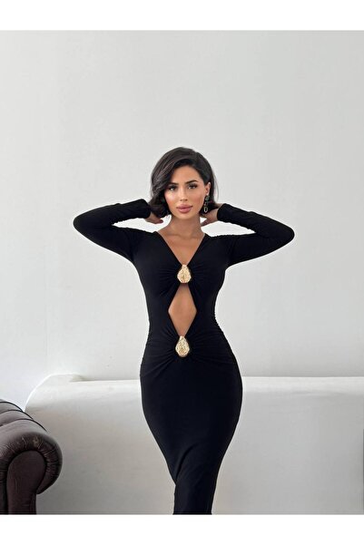 Misscix Kadın Abiye Uzun Kollu Bodycon Broş Detaylı Göbek Dekolteli Maxi - Abiye & Mezuniyet Elbisesi
