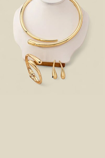 Sevilgülgünfinecrafts Modern Ring Necklace Set - Gold Plated Minimalist Torc Necklace, Bracelet and Earring Set