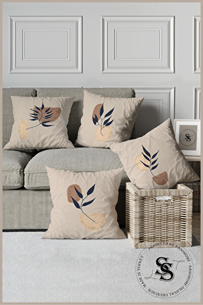 SasoHome Сучасний дизайн темно-синього листя з візерунком з 4-х частин з цифровим друком на подушках на кремовій основі