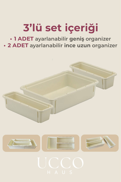 UCCO 3'lü Ayarlanabilir Organizer Seti - Mutfak Çekmece ve Makyaj – Çok Amaçlı Dolap Düzenleyici