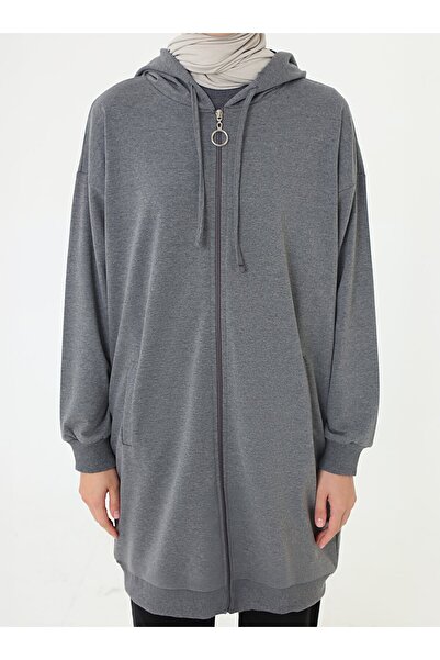 Benin Fermuarlı Kapüşonlu Sweatshirt - Antrasit -