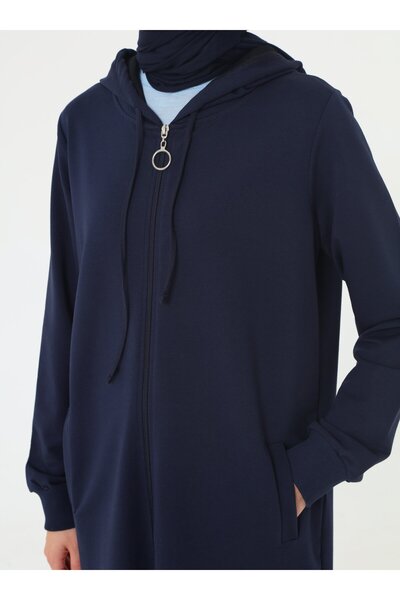 Benin Long Sports Cap with Zipper Hood - Navy Blue -