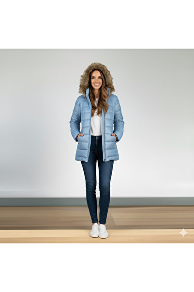 Lovely butik معطف نسائي بغطاء للرأس من الفرو الصناعي وسحاب أمامي