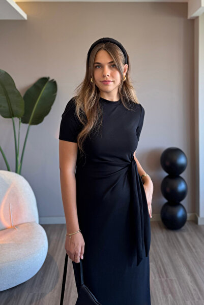 Aventien Yandan Bağlamalı Modal Kumaş Siyah Midi Elbise