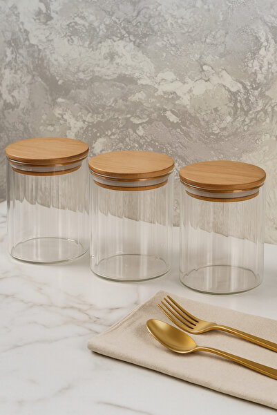 ZURİ DESİGN Airtight 3-Piece Striped Glass Breakfast Vacuum Lid Jar Set - 610 ml