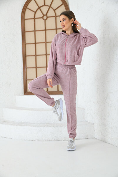 MOVİMENT Γυναικείο σετ αθλητικής φόρμας με λιλά κουκούλα, ελαστική λωρίδα στη μέση και τα πόδια, με λεπτομέρεια από μαλακό υλικό