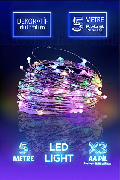 Huzur Party Store 5 Metre Karışık Renkli Yılbaşı Ağacı Işığı Süsü Peri Led Işık Dekoratif Pilli 3 Fonksiyonlu Lamba