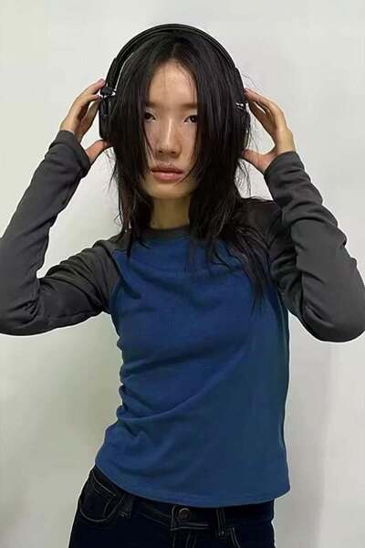 Karakedi Καπνιστό Raglan Μανίκι Ναυτικό Μπλε Basic Μακρύ Μανίκι Crop