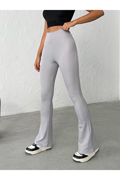 OPENDO Yüksek Bel Toparlayıcı Ispanyol Paça Kadın Açık Gri Tayt Pantolon