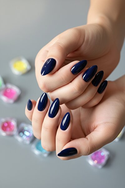 Easy Beauty 24 Adet Lacivert Badem Takma Tırnak Seti Orta Uzunlukta