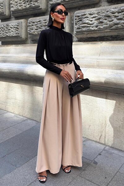 Lijuri Pleated Casual Trousers with Waist Tie Detail - Stone