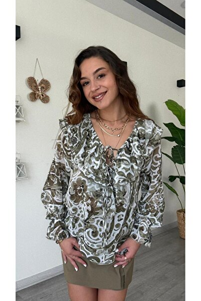 modadagiyim Women's Shirred and Sleeve Detailed Ruffled Tie-Up Patterned Chiffon Shirt Blouse