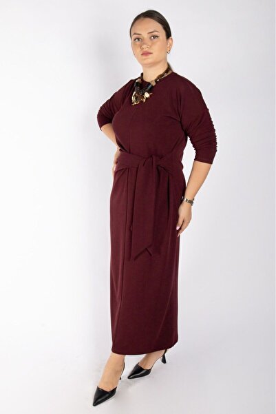 Bedrinxxl Kadın Büyük Beden Bordo Elbise Şık Davet Uzun Elbise Umay Elbise