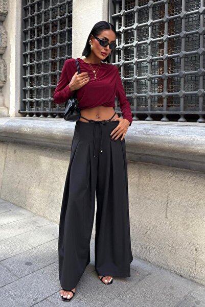 Lijuri Pleated Casual Trousers with Waist Tie Detail - Black