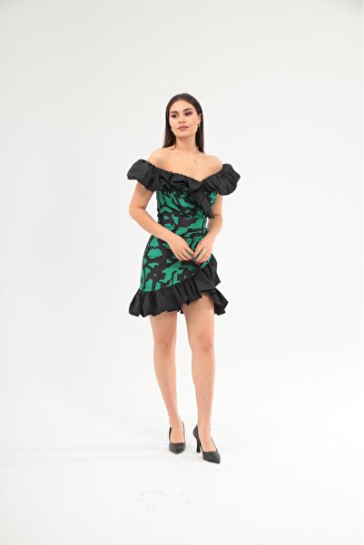 Robes Volanlı Madona Yaka Tasarım Mini Elbise - Trend Gece ve Davet Elbisesi