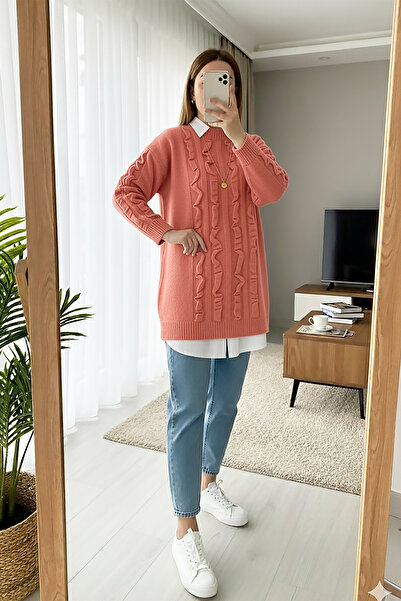MODAQU Ruffle Detailed Soft Sweater Tunic 8770 - Dusty Rose