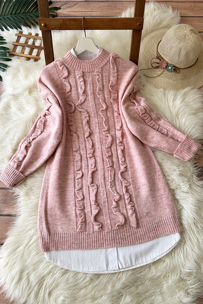 MODAQU Ruffle Detailed Soft Sweater Tunic 8770 - Powder