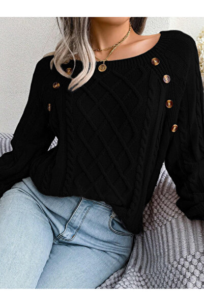 AQE FASHION Damen-Strickpullover mit U-Boot-Ausschnitt, Haarstrickmuster, Knopfdetail, Schwarz