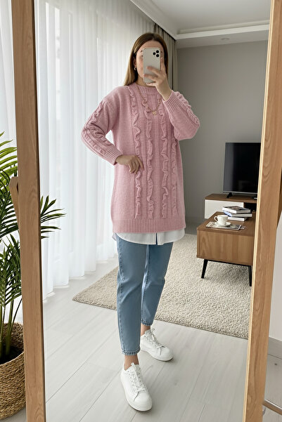 MODAQU Ruffle Detailed Soft Sweater Tunic 8770 - Powder