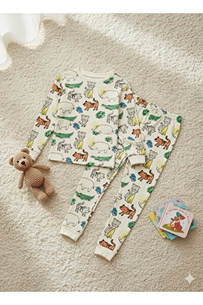 ROSAMİNA Boy's 100% Cotton Animal Patterned White Color Pajama Set