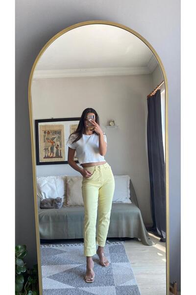 SHUR BOUTİQUE Yüksek Bel Kesik Paça Sarı Boyfit Jean