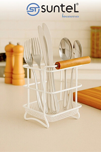 Suntel Ahşap Tutmaçlı Beyaz Metal Kaşıklık – Şık Mutfak Organizeri