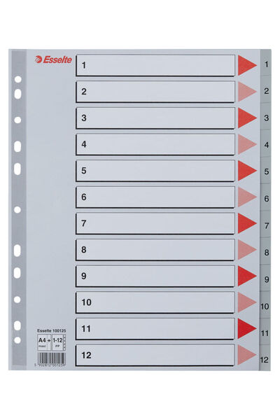 Esselte index, plastic, , A4 MAXI, 1-12, grey