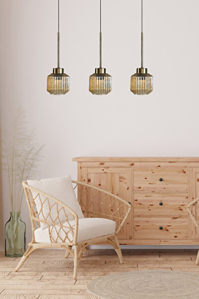 Bamyum Jerno Cam Bal Rengi Üçlü Avize İnce Eskitme Başlık Retro Sarkıt Lamba Salon Aydınlatma