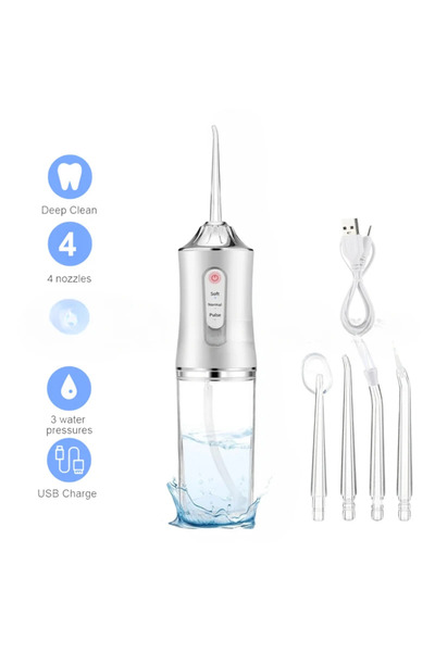 Choice1 WHITE Portable Water Dental Flosser Oral Irrigator 4 Jet Tip 220ml 3 Modes Teeth Cleaner USB Recharg