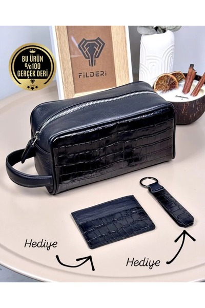 Fil Deri Croco Desenli Deri El Çantası – Hakiki Deri, Fermuarlı, Siyah 2123