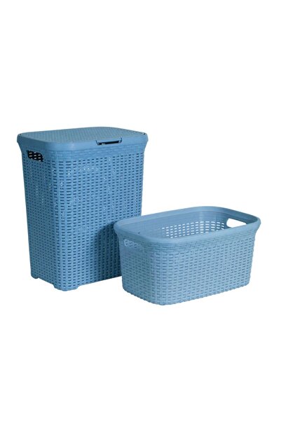 Saban 2'li Set Hasır Desenli Plastik Mavi Çamaşır Sepeti & Mavi Çamaşır Selesi