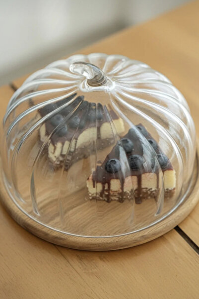 Evsun Home Collection Bal Kabağı Akasya Tabanlı Cam Kek Fanusu 25 Cm Orta Boy