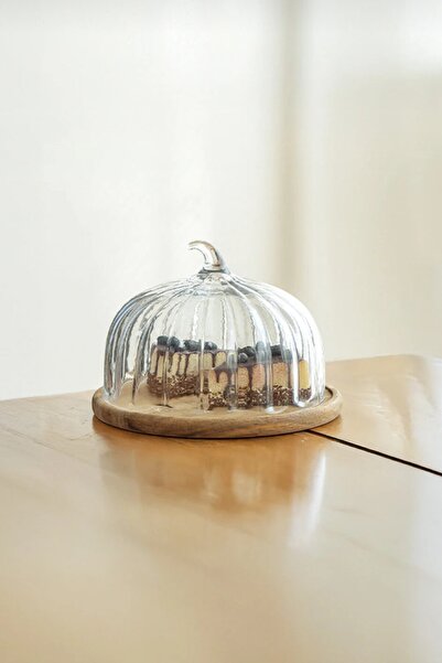 Evsun Home Collection Bal Kabağı Akasya Tabanlı Cam Kek Fanusu 22 Cm