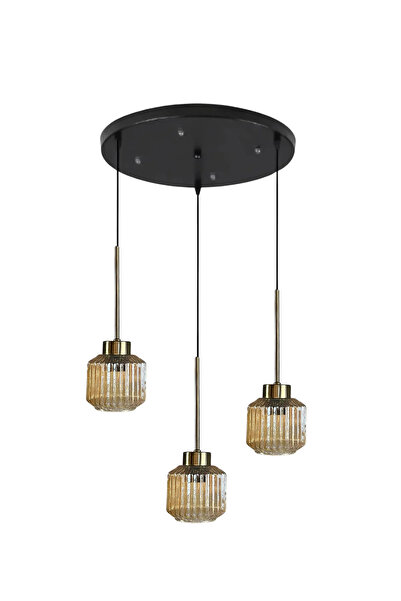 Bamyum Jerno Cam Bal Rengi Üçlü Yuvarlak Avize İnce Eskitme Başlık Retro Sarkıt Lamba Salon Aydınlatma