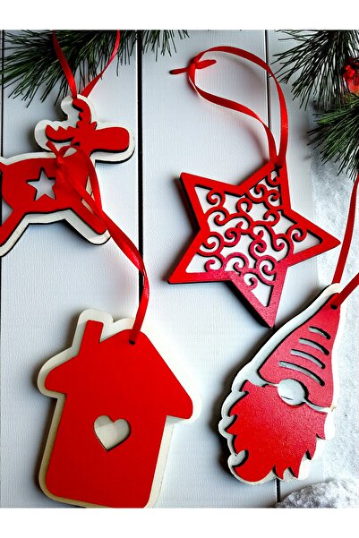 Armada Комплект от 4 дървени коледни украшения за елха, червени и бели (8 см)