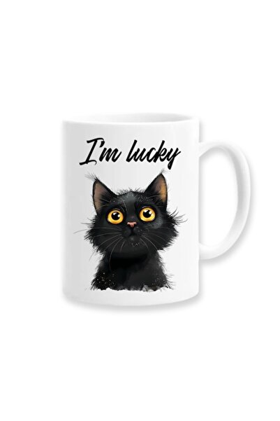 OEM Customized mug with message: 'I'm lucky', black cat model, Betaprint, 330ml, white, ceramic