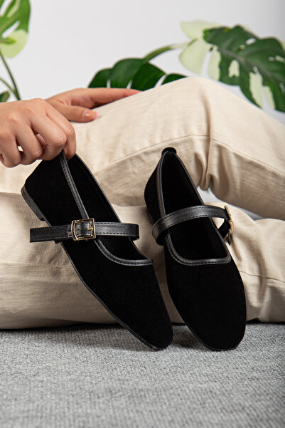 Jackers حذاء باليرينا نسائي من القماش المخملي مع حزام مطاطي مرن مريح للاستخدام اليومي أنيق وبسيط