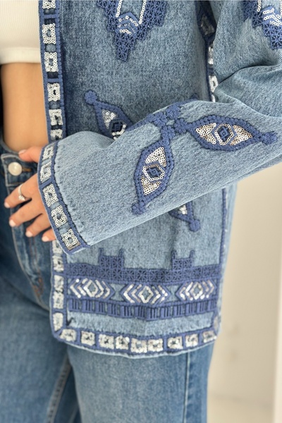 FEMELLE Etnik Desenli Pul Payet Nakışlı Denim Kot Ceket Vintage Bohem Tarz