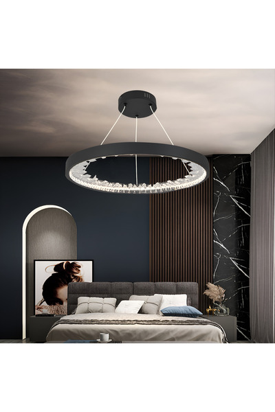 ALC-Shop Κρεμαστός πολυέλαιος LED με τηλεχειριστήριο, Κρύσταλλα K9, 44W, 1 Κύκλος, Ψυχρό/Ζεστό/Ουδέτερο φως, Μαύρο