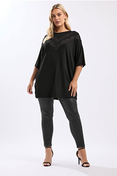 Stil Diva Plus Size Short Sleeve V-Neck Lace Detailed Slit Long T-Shirt 322971