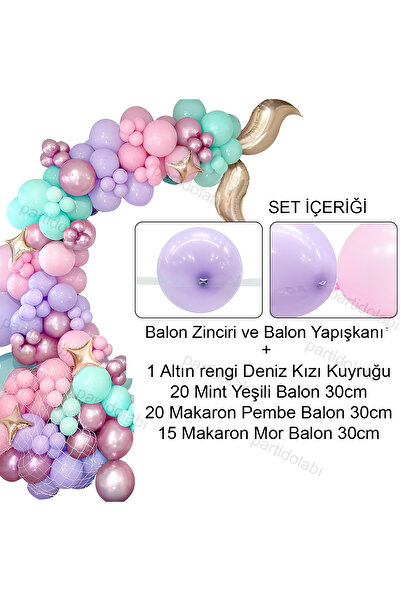 Parti dolabı 55Pcs Gold Mermaid Tail Foil Balloon Chain Mint Green, Macaron Lilac, Pink Birthday Decoration