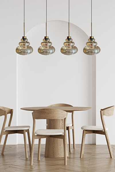 Bamyum Lily Dörtlü Cam Bal Rengi Metal Çubuk Avize Ince Eskitme Başlık Retro Sarkıt Lamba Salon Aydınlatma