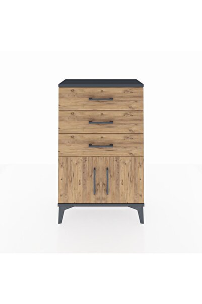 Dienni Arges Komodin 3 Çekmeceli 2 Kapaklı 60x30x96 Antrasit-Çam