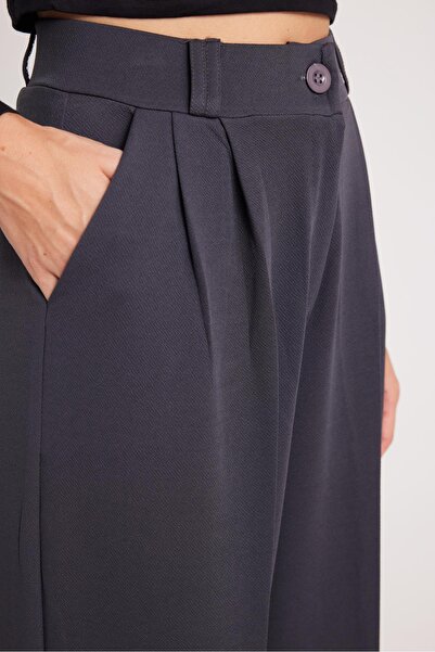 Tudors Kadın Regular Fit Klasik Kesim Yüksel Bel Geniş Paça Antrasit Pantolon