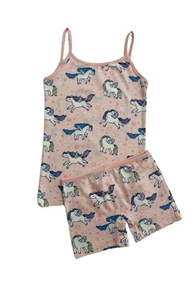 elmas kids Girl's Cotton Pink Unicorn Patterned Tank Top Boxer Set