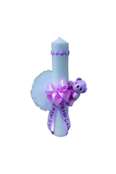 OEM Lumânare de botez pentru fetiță cu pompon alb, fundă roz și ursuleț de pluș