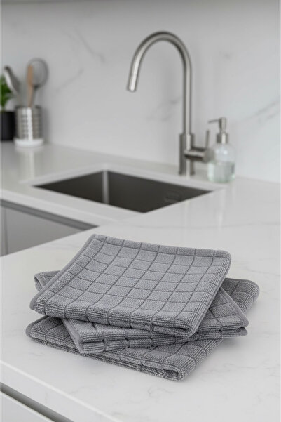 EVLE 3'lü Paket İz Bırakmayan Mikrofiber Temizlik Bezi, Çok Amaçlı Mutfak & Genel Temizlik Bezi, Gri
