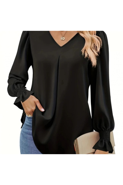 gl00my Women's Long Sleeve V-Neck Loose Imported Crepe Blouse