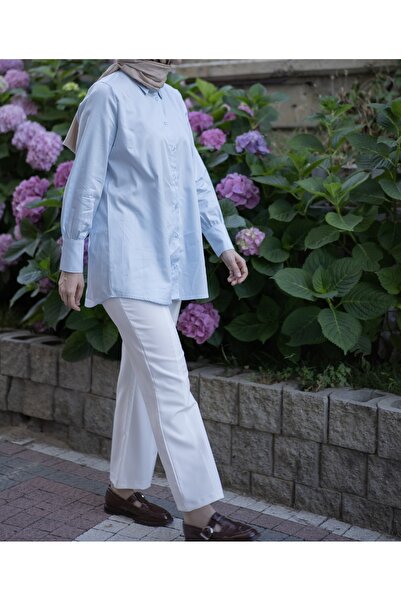 faden official Mavi pamuk saten uzun kollu gömlek tunik